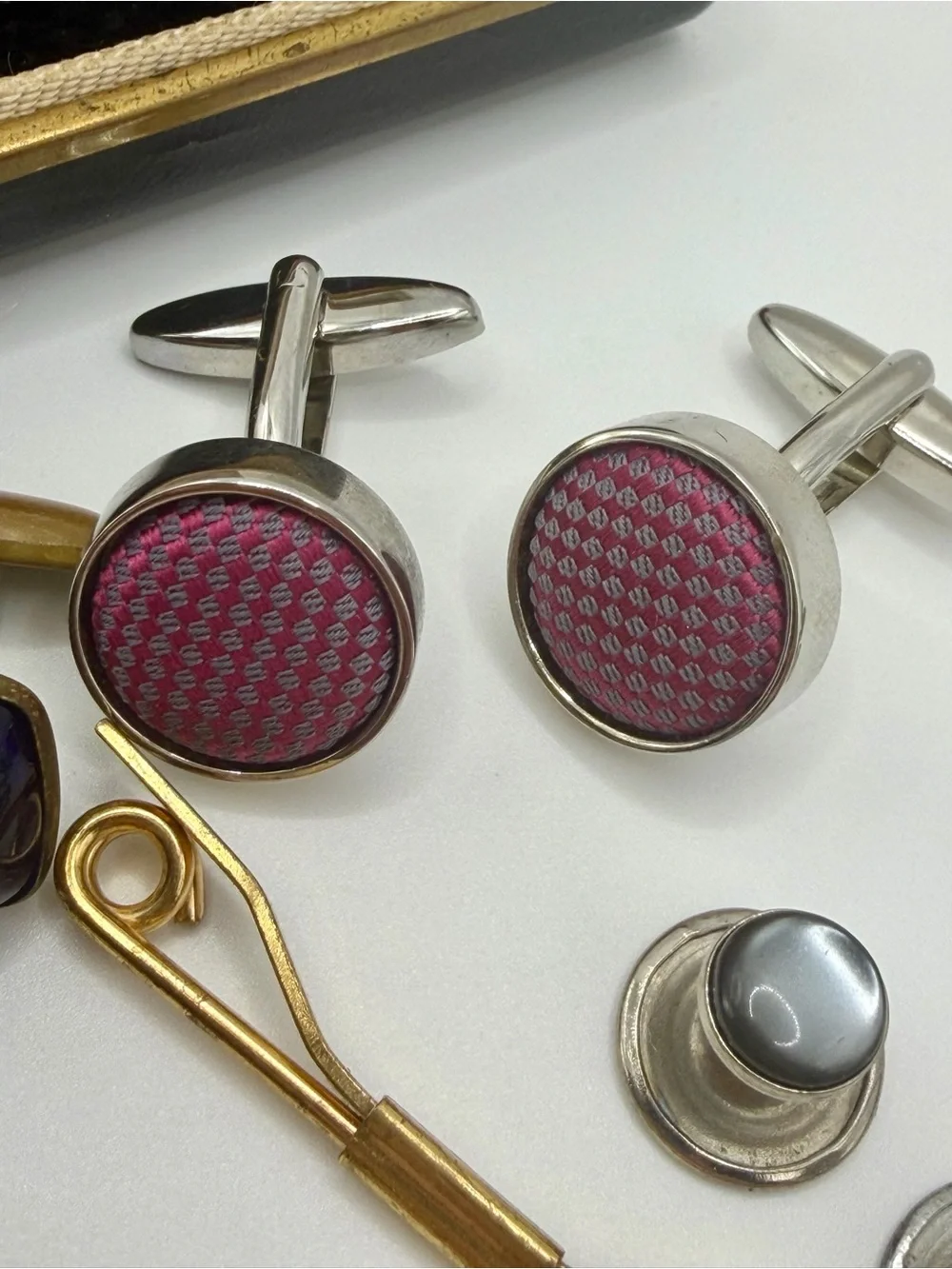 Vintage Mens Cufflinks & Tie Clip Lot Mother of Pearl Tuxedo Studs, Wallachs Box